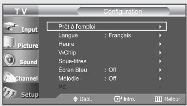 Configuration Prêt à l'emploi Langue : Français Heure V-Chip Sous-titres Écran Bleu : Off Mélodie : Off PC Dépl. Intro. Retour
