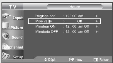 T V Heure Input Picture Sound Channel Setup Réglage hor. : 12 : 00 am Mise veille : Off Minuteur ON : 12 : 00 am Off Minuterie OFF : 12 : 00 am Off Dépl. Intro. Retour
