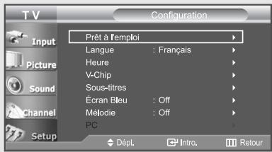 T V Configuration Input Picture Sound Channel Setup Prét à l'emploi Langue : Français Heure V-Chip Sous-titres Écran Bleu : Off Mélodie : Off PC Dépl. Intro. Retour