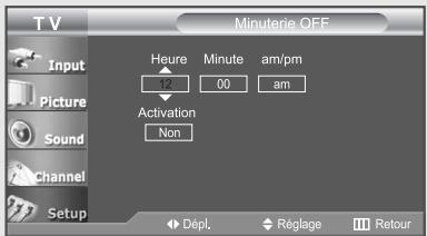 T V Minuterie OFF Input Picture Sound Channel Setup Heure 12 00 00 am/pm Am Activation Non Dépl Réglage III Retour