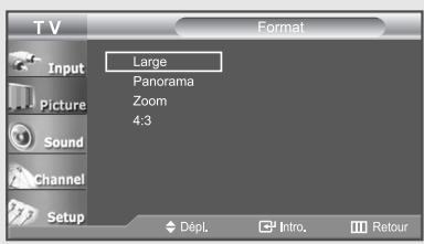 TV Input Picture Sound Channel Setup Format Large Panorama Zoom 4:3 Dépl. Intro. Retour