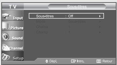 TV Sous-titres Input Picture Sound Channel Setup Sous-titres : Off Mode : Sous-titres Chaine : 1 Champ : 1 Dépl. Intro Retour