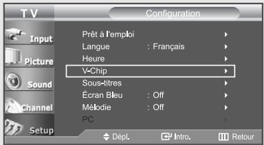 TV Configuration Input Picture Sound Channel Setup Prêt à l'emploi Langue : Français Heure V-Chip Sous-titres Écran Bleu : Off Mélodie : Off PC Dépl. Intro. Retour