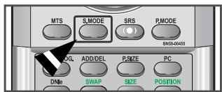 MTS S.MODE SRS P.MODE BN58-00455 LOG. ADD/DEL P.SIZE PC DNMe SWAP SIZE POSITION