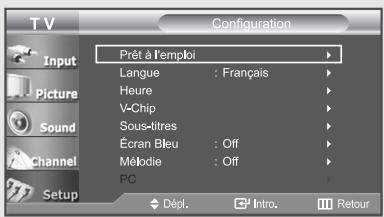 Configuration Prêt à l'emploi Langue : Français Heure V-Chip Sous-litres Écran Bleu : Off Mélodie : Off PC Dépl. Intro. Retour
