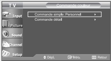 T V Commande couleur Input Picture Sound Channel Setup Commande simple: Personnel Commande détail Dépl. Intro. Retour