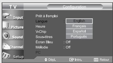 T V Configuration Input Picture Sound Channel Setup Prêt à l'emploi Langue : English Heure : Français V-Chip : Español Sous-titres : Português Écran Bleu : Off Mélodie : Off PC Dépl. Intro. Retour