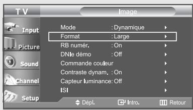 TV Input Picture Sound Channel Setup Mode : Dynamique Format : Large RB numér. : On DNlè démo : Off Commande couleur Contraste dynam. : On Capteur luminance: Off ISI Dépl. Intro. Retour