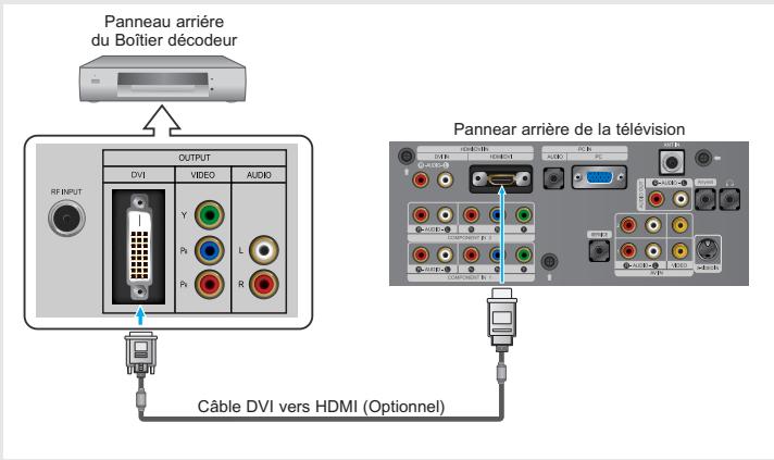 Panneau arrière du Boîtier décodeur OUTPUT DVI VIDEO AUDIO RF INPUT Y L P1 P2 R Câble DVI vers HDMI (Optionnel) Pannear arrière de la télévision