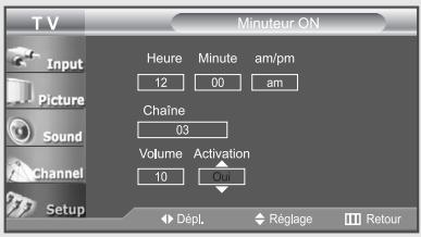 TV Input Picture Sound Channel Setup Minuteur ON Heure Minute am/pm 12 00 am Chaîne 03 Volume Activation 10 01 Dépl Réglage Retour