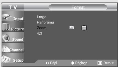 T V Input Picture Sound Channel Setup Format Large Panorama Zoom 4:3 Dépl. Réglage Retour