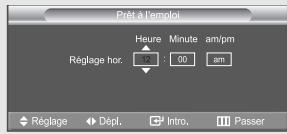 Pré à l'emploi Heure Minute am/pm Réglage hor. : 17 : 00 am Réglage Dépl. Intro. Passer