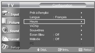 T V Configuration Input Picture Sound Channel Setup Prêt à l'emploi Langue : Français Heure V-Chip Sous-ditres Écran Bleu : Off Méodie : Off PC Dépl. Intro. Retour