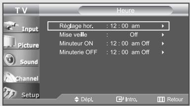 T V Heure Input Picture Sound Channel Setup Réglage hor. : 12 : 00 am Mise veille : Off Minuteur ON : 12 : 00 am Off Minuterie OFF : 12 : 00 am Off Dépl Intro. Retour