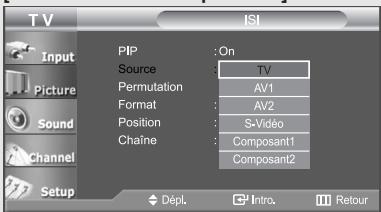 TV ISI Input PIP : On Source : TV Permutation : AV1 Format : AV2 Position : S-Video Chaîne : Composant1 Composant2 Setup Dépl. Intro. Retour