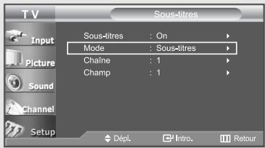 TV Sous-titres Input Picture Sound Channel Setup Sous-titres : On Mode : Sous-titres Chaîne : 1 Champ : 1 Dépl. Intro. Retour