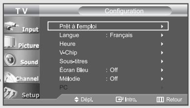 Configuration Pret à l'emploi Langue : Français Heure V-Chip Sous-litres Écran Bleu : Off Mébride : Off PC Dépl. Intro. Retour