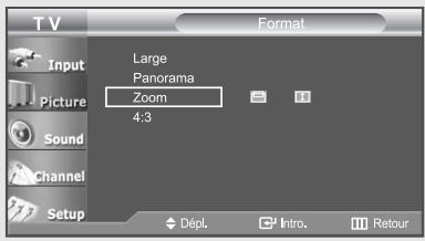 TV Format Input Large Panorama Picture Zoom 4:3 Sound Channel Setup Dépl. Intro. Retour