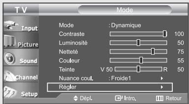TV Input Picture Sound Channel Setup Mode : Dynamique Contraste 100 Luminosité 50 Netteté 75 Couleur 55 Teinte V 50 R 50 Nuance coul. : Froide1 Régler Dépl. Intro. Retour
