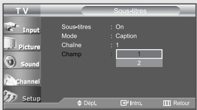 TV Sous-titres Input Picture Sound Channel Setup Sous-titres : On Mode : Caption Chaine : 1 Champ : 1 2 Dépl. Intro. Retour