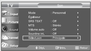 TV Input Picture Sound Channel Setup Mode : Personnel Égaliseur SRS TSXT : Off MTS : Stéréo Volume auto : Off Sourdine int. : Off Select,son : Principale Dépl. Intro. Retour