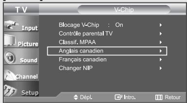 T V Input Picture Sound Channel Setup V-Chip Blocage V-Chip : On Contrôle parental TV Classif. MPAA Anglais canadien Français canadien Changer NIP Dépl. Intro. Retour