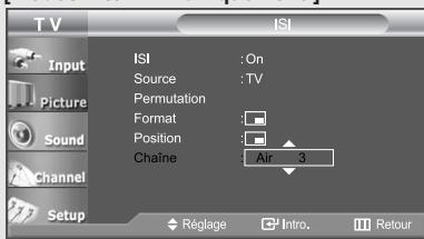 TV Input Picture Sound Channel Setup ISI :On Source :TV Permutation Format : Position : Chaîne : Air 3 Réglage Intro. Retour