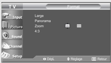 T V Input Picture Sound Channel Setup Format Large Panorama Zoom 4:3 Dépl. Réglage Retour