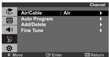 Air/Cable : Air Auto Program Add/Delete Fine Tune Move Enter Return
