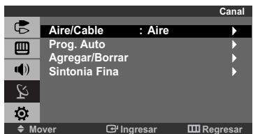 Aire/Cable : Aire Prog. Auto Agregar/Borrar Sintonia Fina Mover Ingresar Regresar