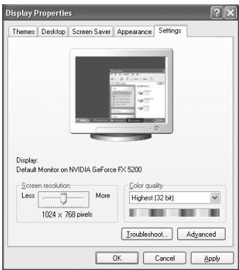 Display Properties Themes Desktop Screen Saver Appearance Settings Display: Default Monitor on NVIDIA GeForce 5200 Screen resolution More Less 1024 x 768 pixels Color quality Highest (32 bit) Troubleshoot... Advanced OK Cancel Apply