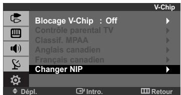 V-Chip Blocage V-Chip : Off Controle parental TV Classif. MPAA Anglais canadien Français canadien Changer NIP Dépl. Intro. Retour