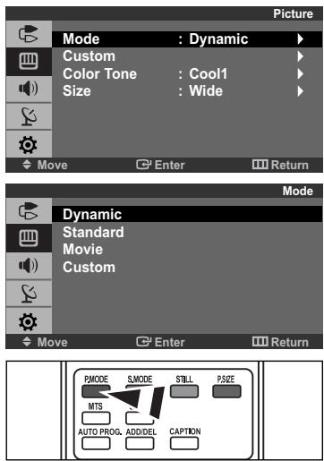 Picture Mode : Dynamic Custom Color Tone : Cool1 Size : Wide Move Enter Return Mode Dynamic Standard Movie Custom Move Enter Return PMODE SMODE STILL PSIZE MTS AUTO PROG. ADD/DEL CAPTION