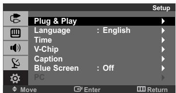 Setup Plug & Play Language : English Time V-Chip Caption Blue Screen : Off PC Move Enter Return
