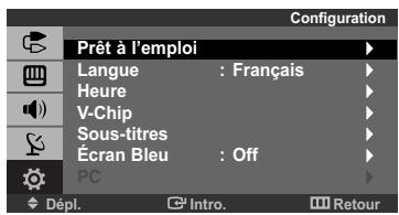 Configuration Prêt à l'emploi Langue : Français Heure V-Chip Sous-titres Écran Bleu : Off PC Dépl. Intro. Retour