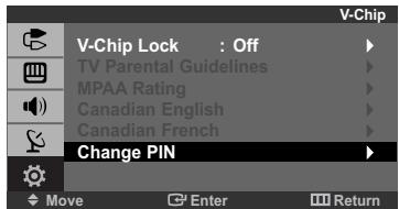 V-Chip V-Chip Lock : Off TV Parental Guidelines MPAA Rating Canadian English Canadian French Change PIN Move Enter Return