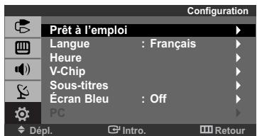 Configuration Prêt à l'emploi Langue : Français Heure V-Chip Sous-titres Écran Bleu : Off PC Dépl. Intro. Retour