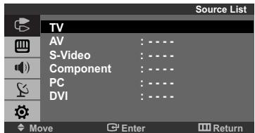 Source List TV AV : - - - S-Video : - - - Component : - - - PC : - - - DVI : - - - Move Enter Return