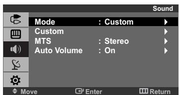 Sound Mode : Custom Custom MTS : Stereo Auto Volume : On Move Enter Return