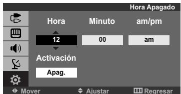 Hora Apagado Hora Minuto am/pm 12 00 am Activación Apag. Mover Ajustar Regresar
