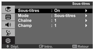 Sous-titres : On Mode : Sous-titres Chaîne : 1 Champ : 1 Dépl. Intro. Retour