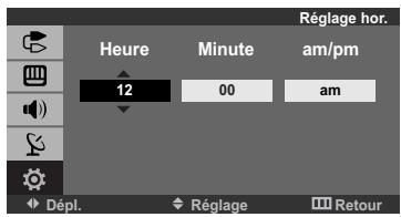 Réglage hor. Heure Minute am/pm 12 00 am Dépl. Réglage Retour