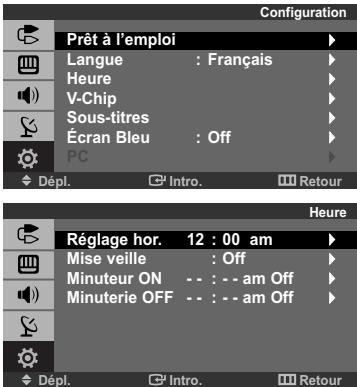 Configuration Prêt à l'emploi Langue : Français Heure V-Chip Sous-titres Écran Bleu : Off PC Dépl. Intro. Retour Heure Réglage hor. 12 : 00 am Mise veille : Off Minuteur ON -- : -- am Off Minuterie OFF -- : -- am Off Dépl. Intro. Retour