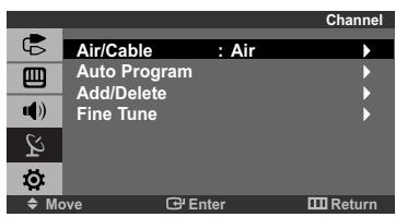 Air/Cable : Air Auto Program Add/Delete Fine Tune Move Enter Return