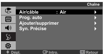 Air/câble : Air Prog. auto Ajouter/supprimer Syn. Précise Dépl. Intro. Retour