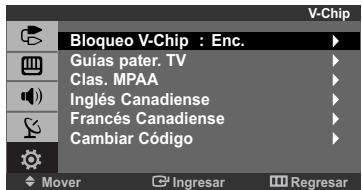 Bloqueo V-Chip : Enc. Guias pater. TV Clas. MPAA Inglés Canadiense Francés Canadiense Cambiar Código