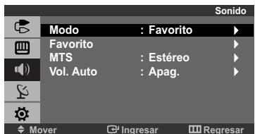Modo : Favorito Favorito MTS : Estéreo Vol. Auto : Apag. Mover Ingresar Regresar