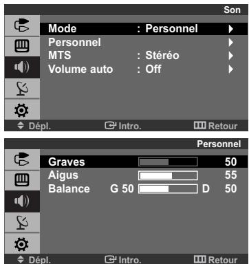 Son Mode : Personnel Personnel MTS : Stéréo Volume auto : Off Dépl. Intro. Retour Personnel Graves 50 Aigus 55 Balance G 50 D 50 Dépl. Intro. Retour