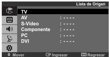 Lista de Origen TV AV : - - - S-Video : - - - Componente : - - - PC : - - - DVI : - - - Mover Ingresar Regresar