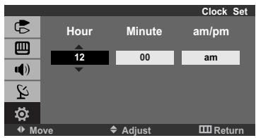 Clock Set Hour Minute am/pm 12 00 am Move Adjust Return
